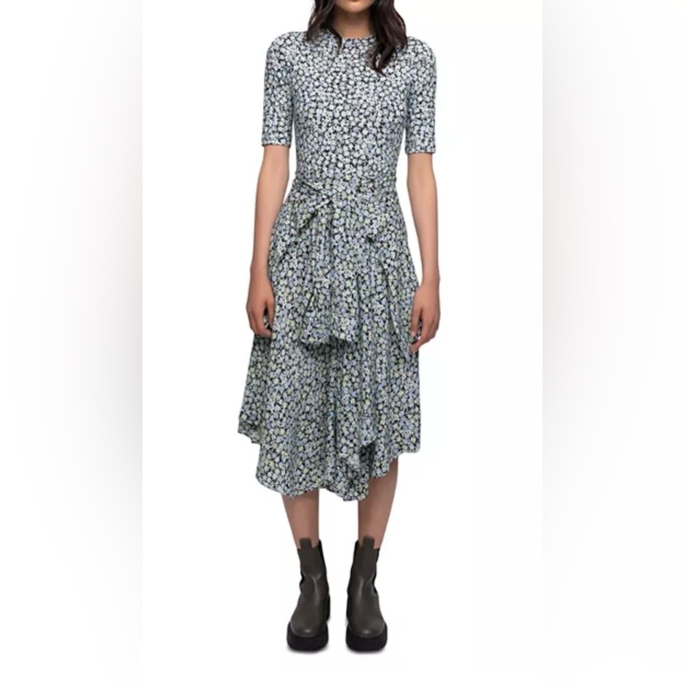 Maje Avianah Floral Tie Waist Midi Dress Size 38 Blue Green Asymmetrical